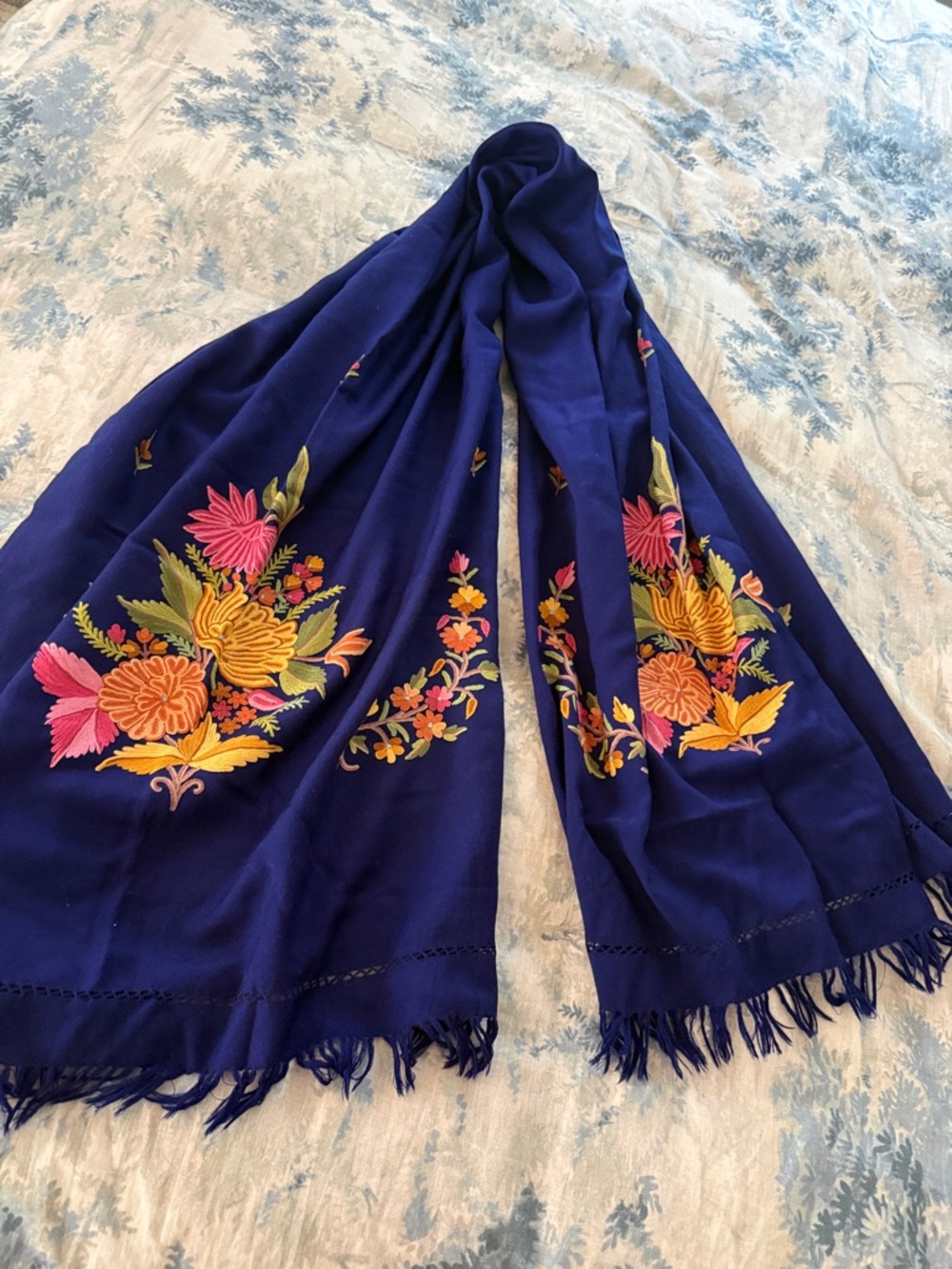 Embroidered Floral Wrap Scarf in Royal Blue